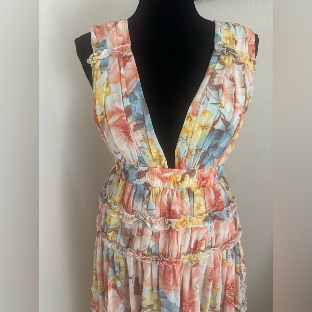 Forever 21 Floral Maxi Dress Small Tiered Ruffle Boho Pastel Sleeveless size S - Picture 2 of 10